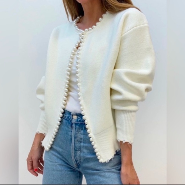 Commense Cream Pearl Trim Cardigan Sweater Nwt